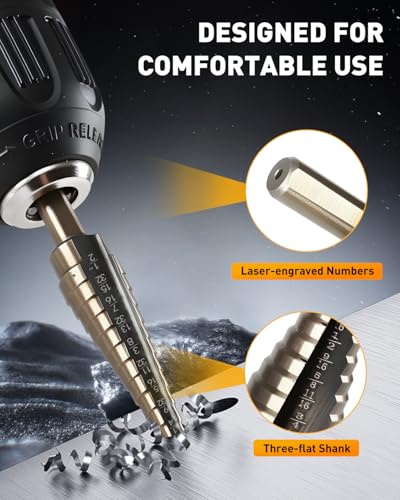 COMOWARE Step Drill Bit Set & Automatic Center Punch- Black and Gold, Double Cutting Blades, High Speed Steel, Short Length Drill Bits Set of 5 pcs, Total 50 Sizes with Aluminum Case - size: Black & Gold 5pcs