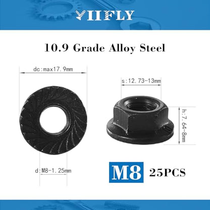 M8x1.25mm Metric Serrated Hex Flange Nuts, Grade 10.9 Alloy Steel, Heat Treated, Black Oxide Finish, 25PCS - color: Black, size: Black M8x 1.25mm