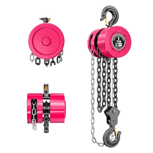 1 Ton Chain Hoist, 2200 lbs Capacity, 8FT Lift Manual Chain Block, Heavy Duty G80 Steel Chain Hoist with Dual-Pawl Brake System and Forged Steel Hooks for Garage, Warehouse Construction,Pink