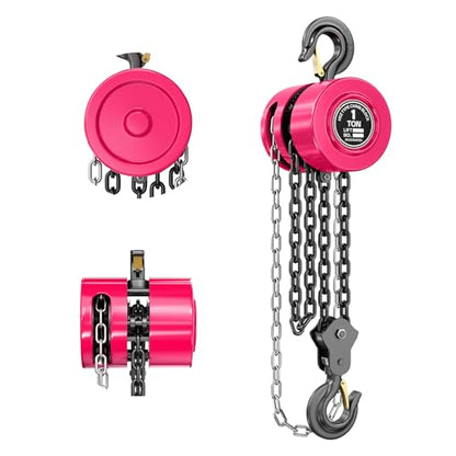 1 Ton Chain Hoist, 2200 lbs Capacity, 8FT Lift Manual Chain Block, Heavy Duty G80 Steel Chain Hoist with Dual-Pawl Brake System and Forged Steel Hooks for Garage, Warehouse Construction,Pink