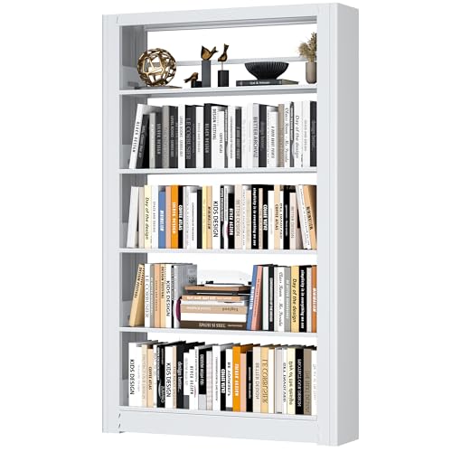 69” Tall Metal Bookshelf,5-Tier Bookcase with Adjustable Storage Shelves,Floor Standing Unit,Heavy Duty Bookcase for Home Office, Living Room, Bed Room,White Display Shelves,H69*W36*D11.8 Inch - color: White, size: 69"H*36"W