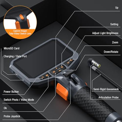 Teslong Articulating Borescope with Dual Lens Endoscope and 8+1 LED Lights