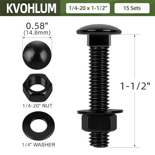 15 Sets 1/4-20 x 1-1/2" Carriage Bolt Kit, Round Head Square Neck, Black Carriage Bolts and Hex Nuts Set with Flat Washers - size: 1/4-20 x 1-1/2"