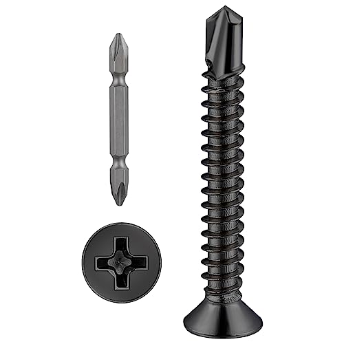 Wensilon（250pcs）#8×1-1/4”for Sheet Metal Self-Tapping Screws 410 Black Stainless Steel Flat Head High-Strength Quick self-Drilling Screws - color: Black, size: #8X1-1/4"
