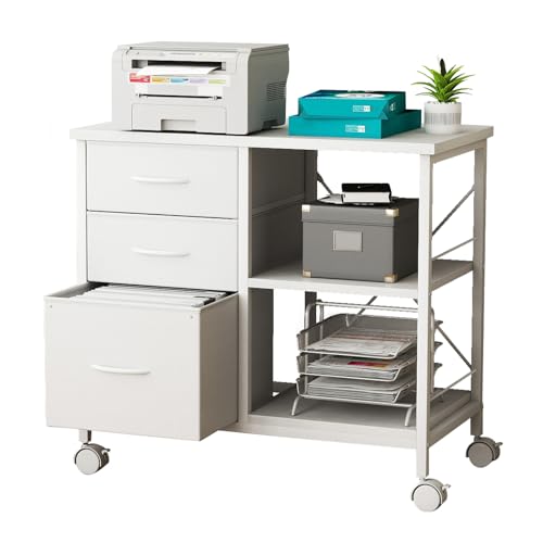 DUMOS 3 Drawer Mobile File Cabinet, Rolling Printer Stand with Storage - color: White