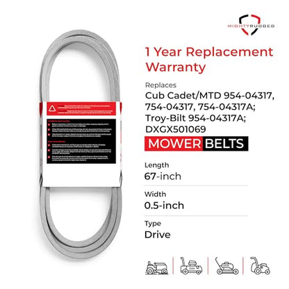 954-04317A Drive Belt for Cub Cadet, Length 67", Heavy-Duty, Aramid Cord Belt Replaces 954-04317, 754-04317, 754-04317A for Craftsman 247. & Z Series, Troy Bilt Mustang & Z Series, MTD RZT, ZT Series - size: 67" x 1/2"