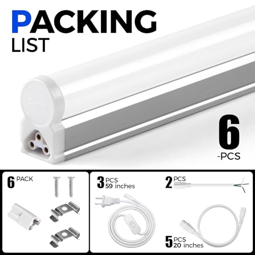 Barrina 6 Pack LED T5 Integrated Single Fixture 1FT, 600lm, 5W, 6500K - color: 6500k Super Bright White, size: 1 Foot