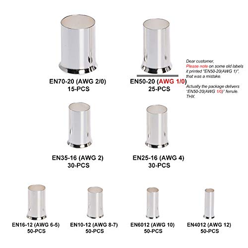 300Pcs 12 10 8 6 4 2 1/0 2/0 Wire Ferrule Tinned Copper Crimp Connector Electrical Cable Pin Cord End Terminal 8 Sizes Assortment Kit