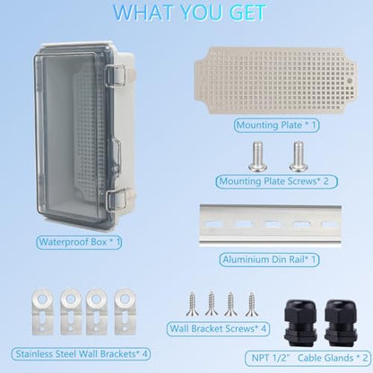 IP67 Waterproof Junction Box, ABS Plastic Electrical Enclosure with Stainless Steel Latch, Hinged Cover Electric Box with Mounting Plate, Wall Brackets & Cable Glands 200x100x70mm - color: Clear, size: 7.9"x3.9"x2.8"
