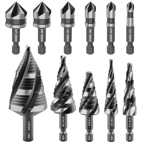 5 Pcs Four Spiral Flute Step Drill Bit Set & 6 Pcs Countersink Drill Bits - size: 11 Pieces