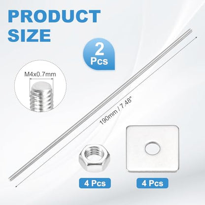 MECCANIXITY 2Set M4x190mm Fully Threaded Rod Threaded Rods Bar Studs - size: M4x190mm