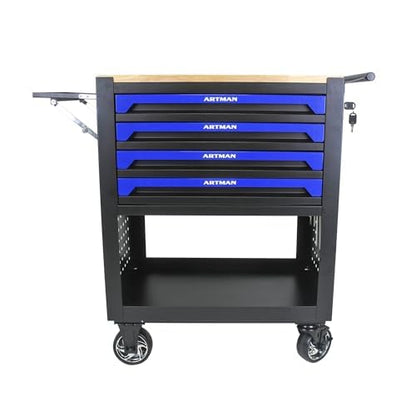 4 Drawers Rolling Tool Cart on Wheels, Wood Countertop Heavy Duty Tool Chest with Adjustable Shelf, Locking System, Rolling Tool Cabinet Trolley for Garage,Warehouses,Repair Shops (Blue) - color: Blue