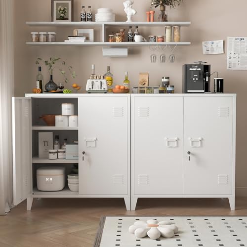 MIOCASA Metal Storage Cabinet with Locking Double Doors, Lockable Steel Cabinet with Adjustable Shelves for Home Office, Garage, Coffee Bar, Entryway - color: White