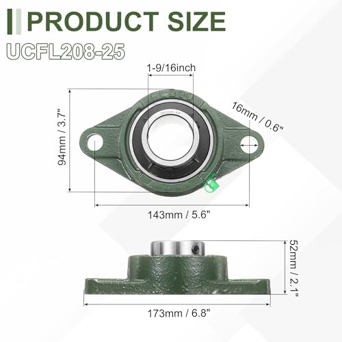 uxcell UCFL208-25 Pillow Block Bearings, 1-9/16 in Bore Chrome Steel, ABEC3 - size: UCFL208-25 (Bore 1-9/16")