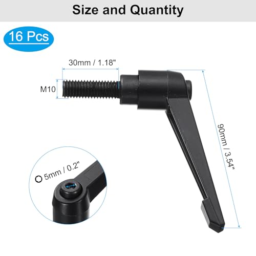 uxcell 16pcs Lever Adjustable Handles M10 x 30mm Metric Male Thread, Level Clamping Handle Hand Stud Knobs Rotating Screw Handles Bolts with Locking Lever, Black - size: M10 x 30mm