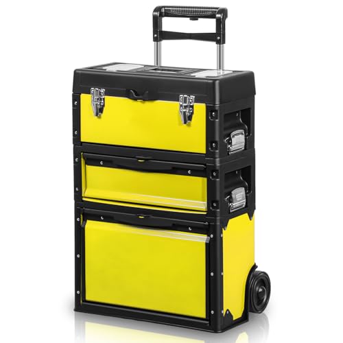 Auto Dynasty 3-Tier Rolling Trolley Tool Box Stackable w/Wheels, Yellow - color: Yellow