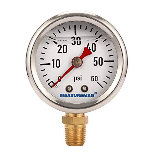 MEASUREMAN 1-1/2" Dial Size, Glycerin Filled Fuel Pressure Gauge, 304 Stainless Steel case, 0-60Psi, +/-3-2-3%, 1/8" NPT Lower Mount - size: 0-60 psi, style: Lower Mount