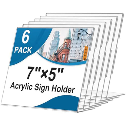 Horizontal Acrylic Sign Holder 5 x 7, L-Shape Clear Plastic Display Stand for Tabletop, Acrylic Stands for Flyers, Table Paper Holder, Vertical Sign Holder 5x7 for Restaurants, Office and School (Slant 6 Pack 7x5) - size: Slant 6 Pack 7x5