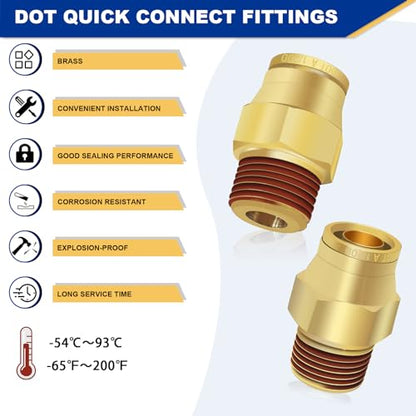 6 PCS Brass Air Line Quick Connect Fittings 1/2" Tube OD x 3/8" NPT - size: 1/2" Tube OD x 3/8" NPT - 6 PCS