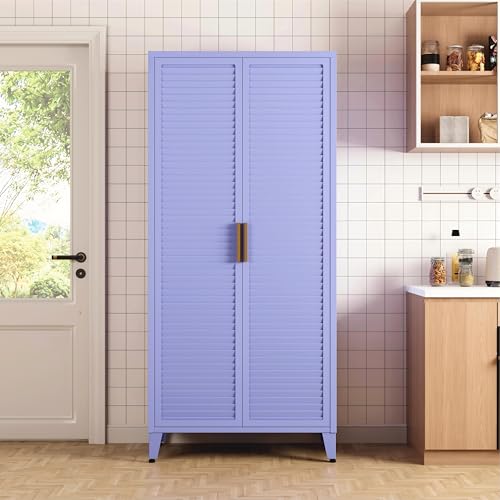 61" Tall Farmhouse Kitchen Pantry Cabinet, Purple Metal Storage Cabinet with 2 Louvered Doors & 3 Adjustable Shelves, Freestanding Cupboard with Legs for Entryway, Kids, Home, Room, Office - color: Lilac, style: Pantry-61"H-TW