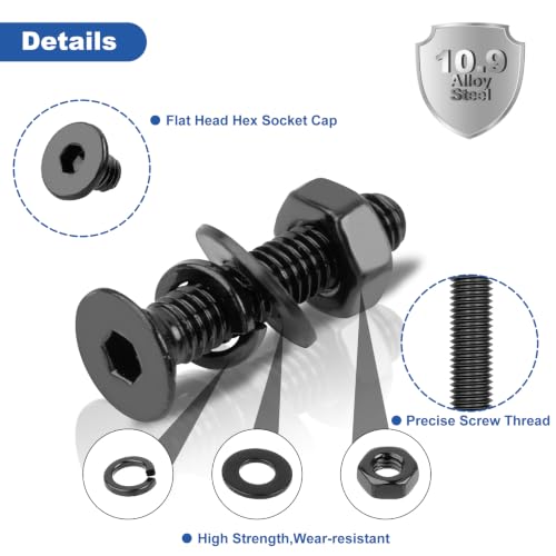 299Pcs M5 Flat Head Hex Socket Cap Screws Assortment, M5 x 8/10/12/16/20/25/30/40mm Internal Hex Drive Allen Bolts, Nuts, Flat & Lock Washers, Black Grade 10.9 Alloy Steel, Fully Threade Pitch: 0.8mm