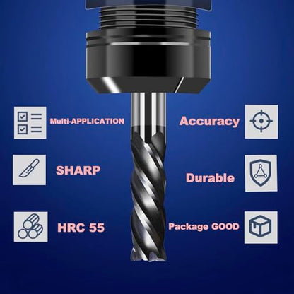 13/64" Carbide Square End Mill Set for Alloy Steels/Hardened Steels, 4 Flute HRC 55 Deg AlTiN Coating End Mill Bits Set, CNC Router Bits (Pack of 5) - size: 13/64 inch