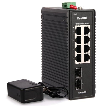 Industrial Ethernet Switch, 10-Port Gigabit Din Rail Switch Hardened, 1000Mbps, 8 Ethernet Ports + 2 SFP Port, Din Rail & Wall Mountable (-40 to 185 F), 20Gbps Switching Capacity, with UL Power Supply