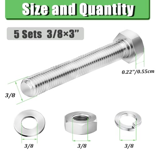 5 Sets 3/8-16 x 3 Stainless Steel Hex Head Screws Bolts, Nuts, Flat & Lock Washers,18-8(304) Full Thread - color: Silver-hex, size: 3/8-16×3"(5 sets)