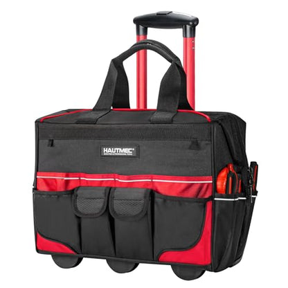 HAUTMEC 18" Rolling Tool Bag with Wheels, Heavy-Duty Water-Resistant Tool Bag Organizer with 23-Pocket, Wide-Mouth Design, Oversized Wheels & Telescoping Handle - HTTBM25004 - color: 18-Inch | Red