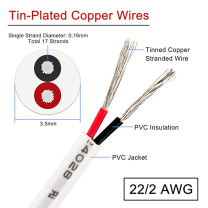 UL2464 22AWG 2 Conductor White Wire 2X0.35mm² 100FT 300V 80°C PVC Insulated Tin Plated Copper Cable for Automotive Audio Electrical Wiring