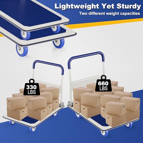 Foldable Push Cart Dolly | 330 lbs. Capacity | Heavy Duty Moving Platform Hand Truck with Swivel Wheels | Small Flatbed Cart | Space Saving Push Handle-b3 - color: Bluee-330 Lbs. Capacity