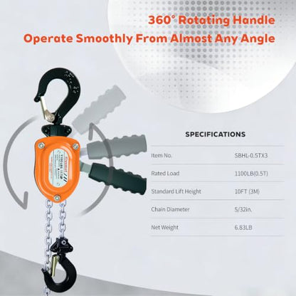 Lever Chain Hoist, G80 Load Chain, 10 ft Lift, 1100 lb (1/2 Ton) - size: 1,100 lb (0.5 MT)