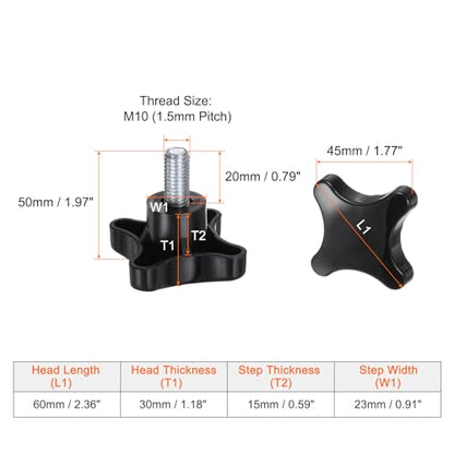 HARFINGTON 2pcs Star Knobs M10 x 20mm Male Thread Plastic 4-Star Stud Knob Hand Tightening Clamping Screw Replacement Threaded Handle, Black - size: M10 x 20mm