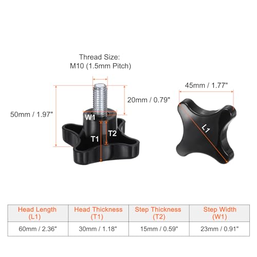 HARFINGTON 2pcs Star Knobs M10 x 20mm Male Thread Plastic 4-Star Stud Knob Hand Tightening Clamping Screw Replacement Threaded Handle, Black - size: M10 x 20mm