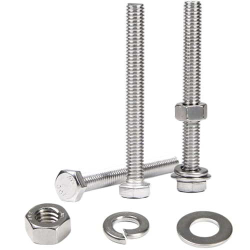 MroMax 5 Sets 5/16-18 x 4" Hex Head Screw Bolt, Nuts, Flat Washer & Spring Lock Washers Kits,Fully Threaded, Stainless Steel 18-8（304）, Bright Finish - size: 5/16-18 x 4" (5 Sets)