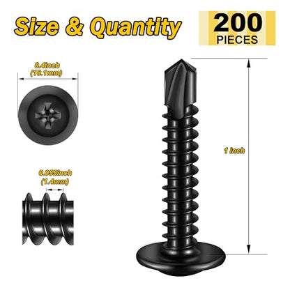 Self Tapping Screws for Metal (200Pcs) #8×1" Black Sheet Metal Screws 410 Black Oxide Stainless Steel Truss Head Self Drilling Screws High-Strength By Mywish - color: Black, size: #8x1" (200 pcs)