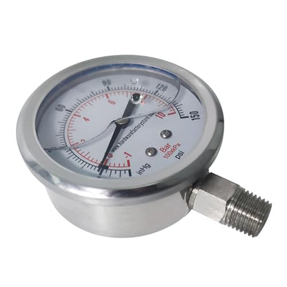 HFS(R) Vacuum Pressure Gauge -30 inHg to 150 PSI, Liquid Filled 2.5" Dial - size: -30inHg - 0 - 150PSI, style: Oil Gauge 2.5" (316SS)