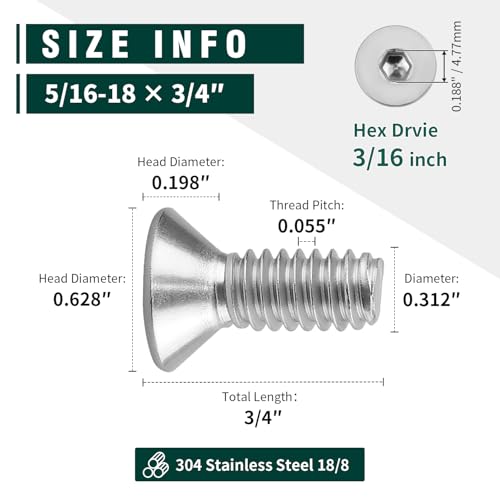 5/16-18 x 3/4" Flat Countersunk Head Socket Cap Screws, Full Machine Thread Coverage, Allen Hex Drive, 304 Stainless Steel 18-8 SS, 10 PCS - size: 5/16-18 x 3/4"