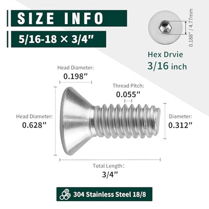 5/16-18 x 3/4" Flat Countersunk Head Socket Cap Screws, Full Machine Thread Coverage, Allen Hex Drive, 304 Stainless Steel 18-8 SS, 10 PCS - size: 5/16-18 x 3/4"