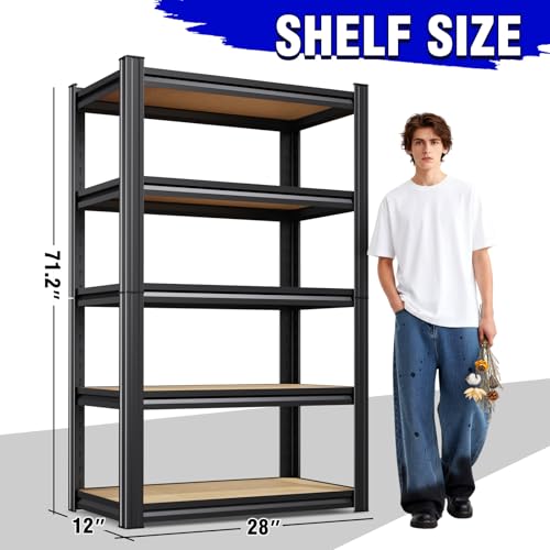 71"H Heavy Duty Garage Shelving - 1900 LBS Capacity 5-Tier Metal Storage Shelves, 71"H x 28"W x 12"D Adjustable Steel Utility Rack, Compact Storage Shelf for Pantry, Closet, Basement, Shed - Black - size: 28"Wx12"Dx71.2"H