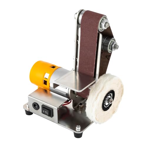 Mini Belt Sander 7-Speed Adjustable, 4000-9000 RPM Electric Bench Grinder with 20 Abrasive Belts, Aluminum & Wool Wheels for DIY Wood Metal Knife Jewelry Polishing