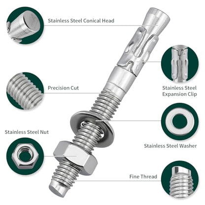10-Pack M8-1.25 x 100 Wedge Anchors, Stainless Steel 304 (18/8), Concrete Anchor for Heavy-Duty Projects - size: M8-1.25 x 100