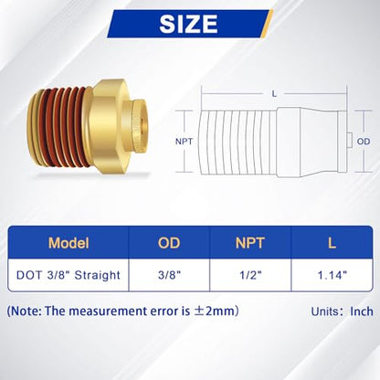 6 PCS Brass Air Line Quick Connect Fittings 3/8" Tube OD x 1/2" NPT - size: 3/8" Tube OD x 1/2" NPT - 6 PCS