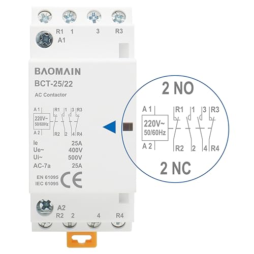 BAOMAIN 220V AC 4-Pole 25A Modular Contactor, 2NO2NC, DIN Rail Mount