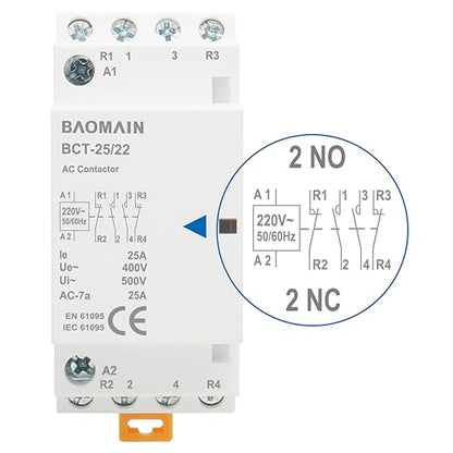 BAOMAIN 220V AC 4-Pole 25A Modular Contactor, 2NO2NC, DIN Rail Mount