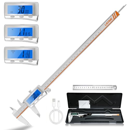 LAYME Digital Caliper 12 Inch, Rechargeable Calipers with Backlight LCD Screen, Stainless Steel Caliper Measuring Tool, Auto-Off Micrometer, Inch/MM/Fraction Conversion for DIY/Household/3D-printing - size: 12 inch