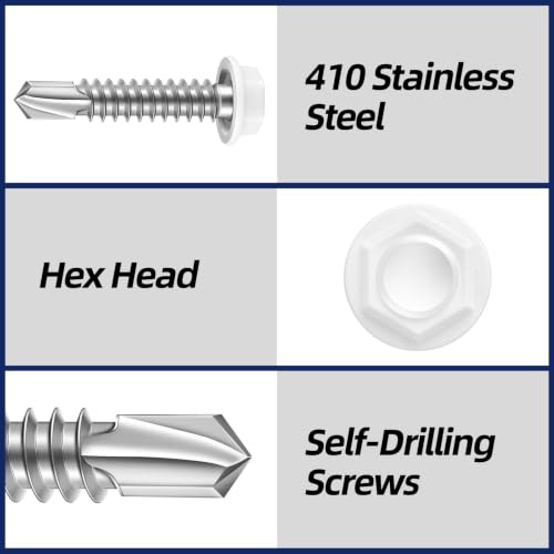 #10 x 2 Hex Washer Head Self Drilling Sheet Metal Screws with Drill Point, Stainless Steel 410, White Head, 50 PCS - color: White, size: #10 x 2"