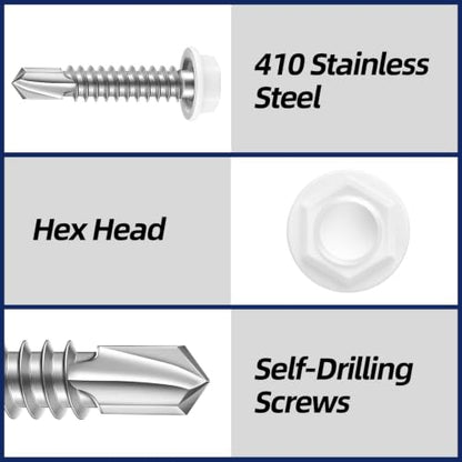 #10 x 2 Hex Washer Head Self Drilling Sheet Metal Screws with Drill Point, Stainless Steel 410, White Head, 50 PCS - color: White, size: #10 x 2"