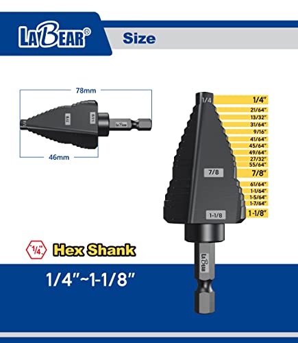 LABEAR - 1/4 to 1-1/8 Inch HSS Step Drill Bit for Metal, Plastic, Wood, Aluminum, Heavy Duty Unibit with Multi Hole Sizes, 1/4 inch Shank, M2 High Speed Steel. - style: 1/4"Dr. 1/4"~1-1/8"