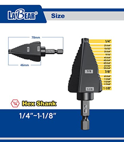 LABEAR - 1/4 to 1-1/8 Inch HSS Step Drill Bit for Metal, Plastic, Wood, Aluminum, Heavy Duty Unibit with Multi Hole Sizes, 1/4 inch Shank, M2 High Speed Steel. - style: 1/4"Dr. 1/4"~1-1/8"